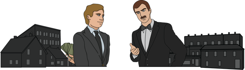 Illustrative cartoon showing exchange of money for land 0301_0701